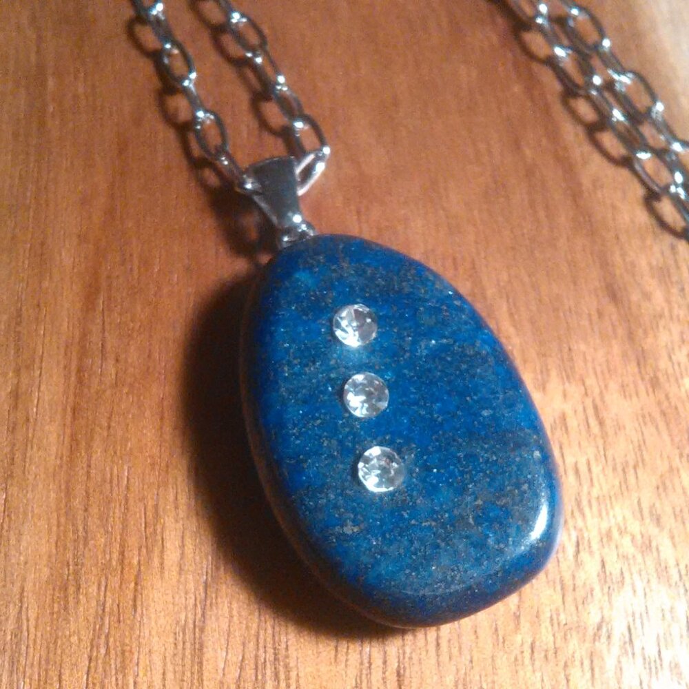 Lapis Lazuli and White Austrian Crystal Stainless Steel Pendant Necklace